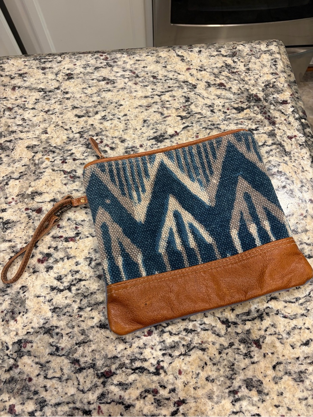 Myra Bag Blue Chevron Zip Wristlet Pouch Clutch Brown Trim Women’s 10” x 10”